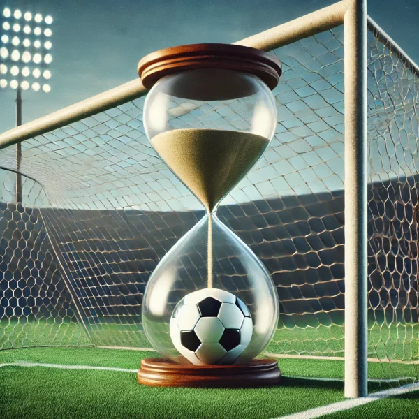 The image of an hourglass positioned in front of a soccer goalpost, symbolizing the passage of time in football