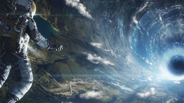 Scene from Interstellar showing Cooper approaching the black hole Gargantua